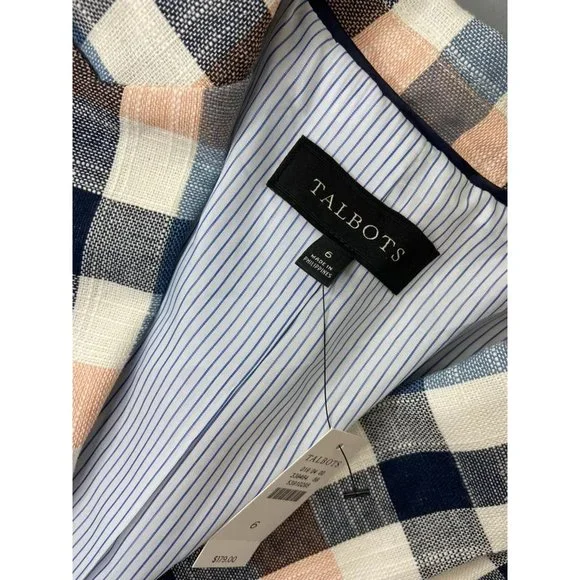 Talbots women's 6 pink navy blue plaid long sleeve single button suit blazer NWT - Picture 2 of 8